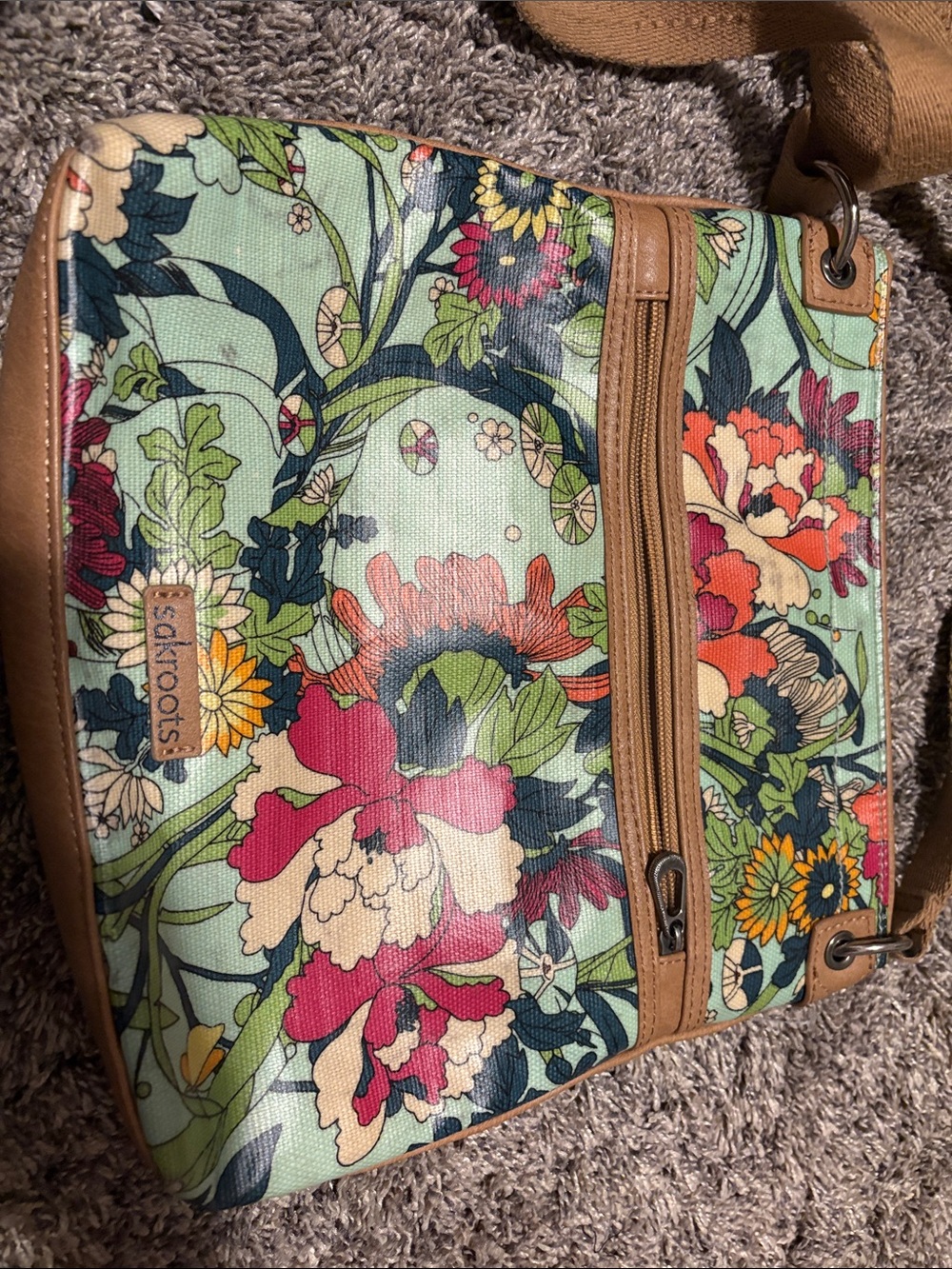 Sakroots Mint Floral Crossbody with Multi-Color Blooms and Tan Trim